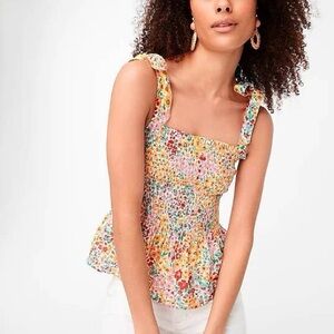 J Crew Floral Peplum Smocked Tie Shoulder Tank Top Yellow Red Pink Small